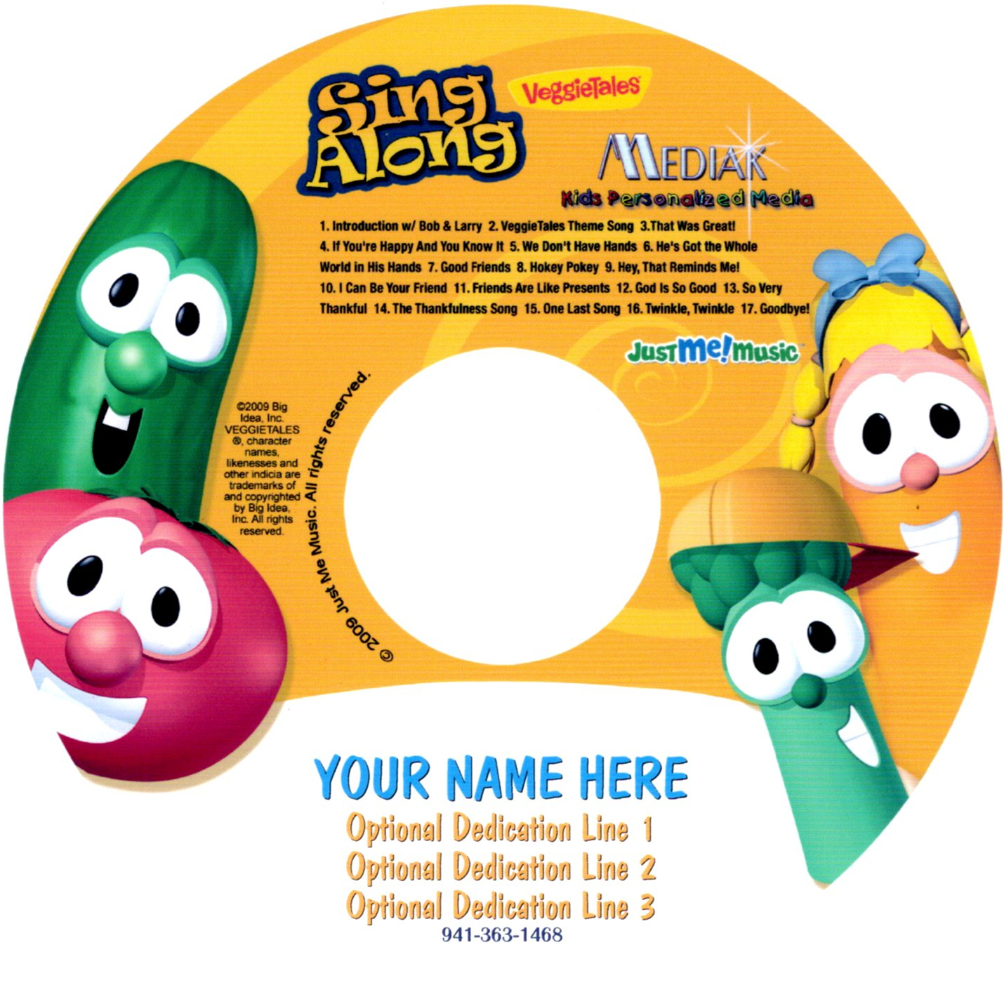  SING ALONG WITH VEGGIE TALES Vol 1 - NAME PERSONALIZED - CD DISK & OPTIONAL DIGITAL MP3
